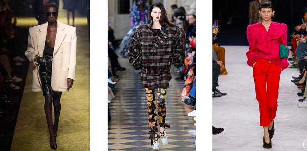 Fashion Week in Paris 2023 (L-R) SAINT LAURENT, LOOK 6 - FALL/WINTER 2023; ANDREAS KRONTHALER FOR VIVIENNE WESTWOOD, LOOK 21 - FALL/WINTER 2023; BALMAIN, LOOK 21 - FALL/WINTER 2023.