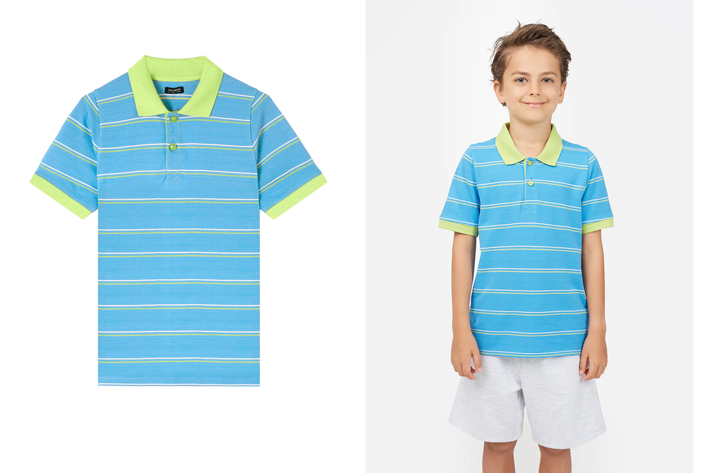 Young boys wears the blue and lime green striped polo t-shirt by Gen Woo.