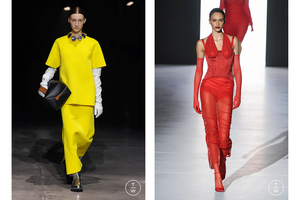 (Left) Jil Sander bright yellow oversized tunic t-shirt with matching a-line maxi skirt. (Right) Dolce sheer red gown with matching gloves and under-bust corse.