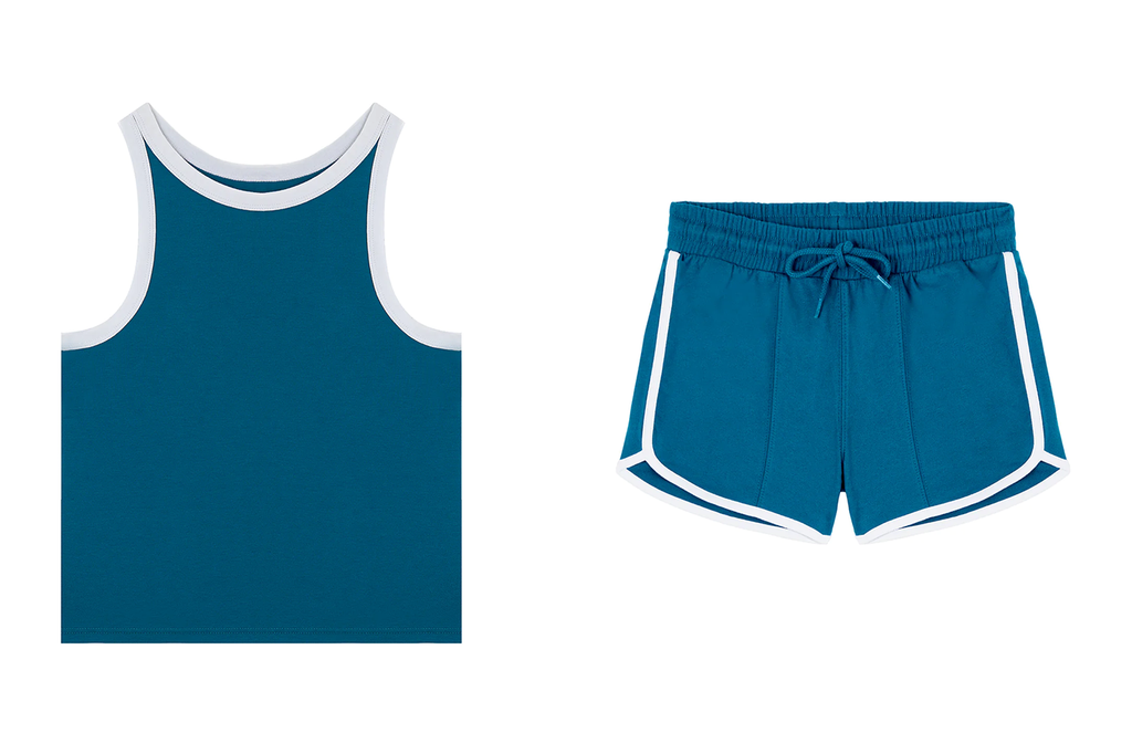 Dark teal blue retro tank top and shorts set with contrast white piping by Gen Woo.