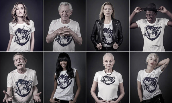 Celebrities wearing the “Save the Arctic” campaign t-shirts designed by Vivienne Westwood. (L-R) Georgia May Jagger, Sir Ian McKellen, Kate Moss, Labrinth, Sir John Hurt, Naomi Campbell, Dame Vivienne Westwood, Rita Ora. Photograph: Andy Gotts.