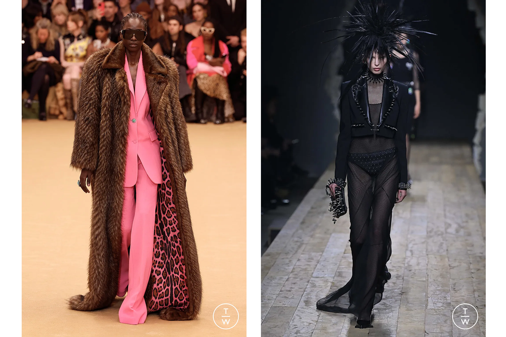 (Left) Roberto Cavalli brown fur coat with slight train and pink leopard print lining. (Right) Moschino sheer black maxi dress with slight train, paired with cropped black leather jacket.