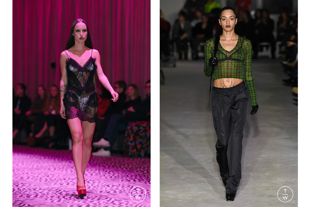 (Left) Black Alexander Wang sheer slip dress with lace detailing and visible white underwear. (Right) Green and black plaid print Priscavera sheer top with matching visible bralette and low-rise black trousers.