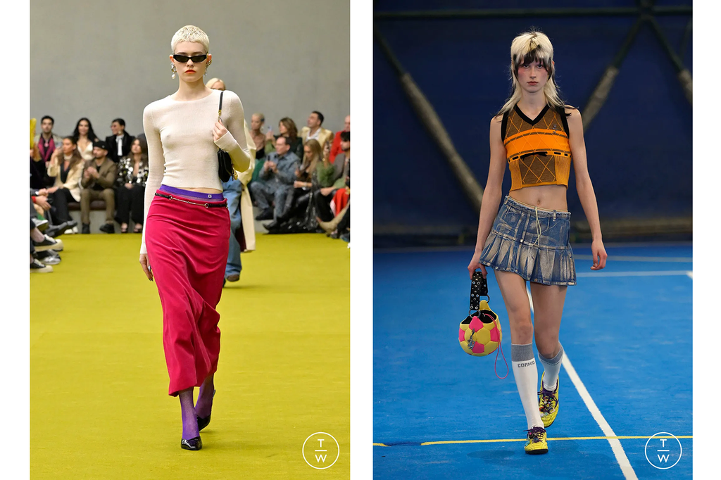 (Left) Sheer Gucci fitted long-sleeve tee with red a-line midi skirt and indigo accessories. (Right) Cormio crop orange argyle vest with distressed denim mini skirt and football boots/socks.