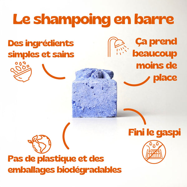 Le shampoing en barre c'est des ingrédients simples et sains, ça prend beaucoup moins de place, pas de plastique et des emballages biodégradables, fini le gaspi