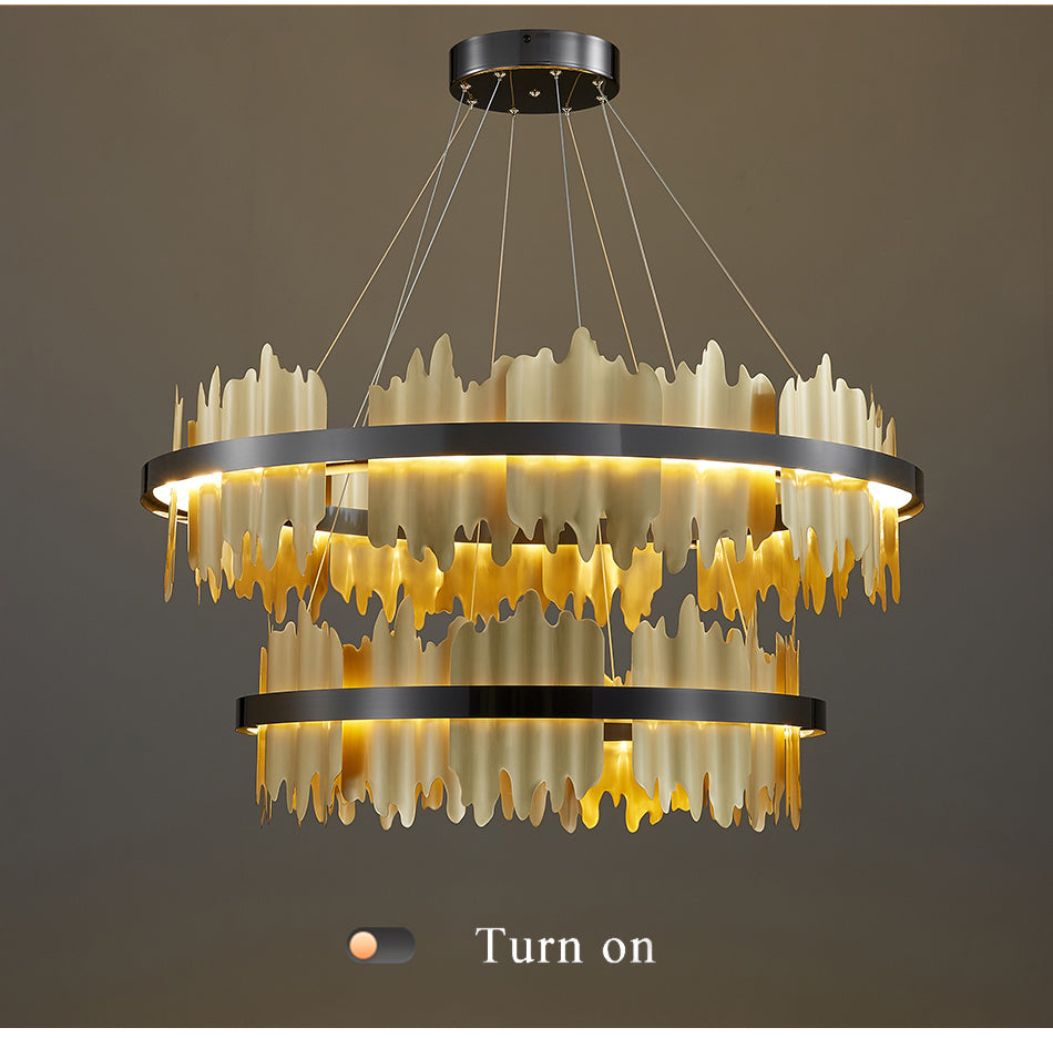 Modern Matte Copper Ring Lampshade LED Strip Tiered Chandlier