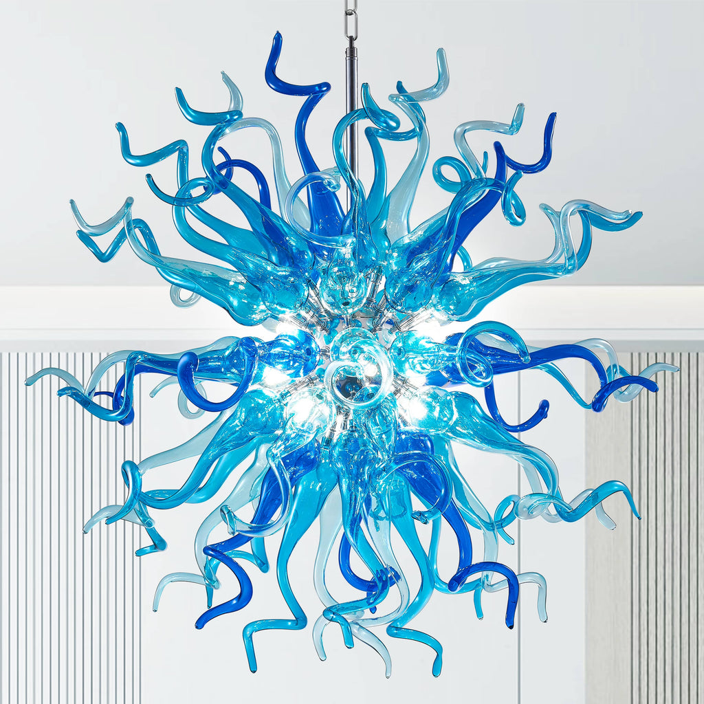 Blue sputnik shape blown glass chandelier