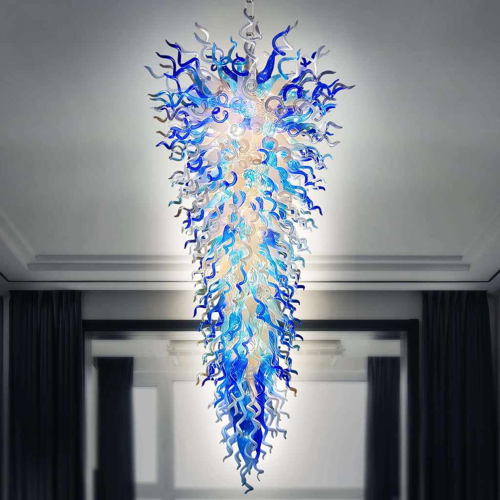 Giant Chihuly Style Glass Chandelier Blue And White Inverted Cone Shape