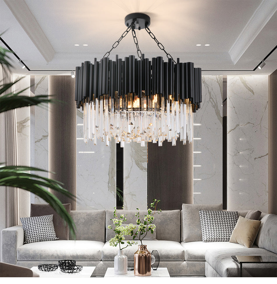 Modern Chandelier Black Metal Paint Crystal Hanging Lights For Living Room