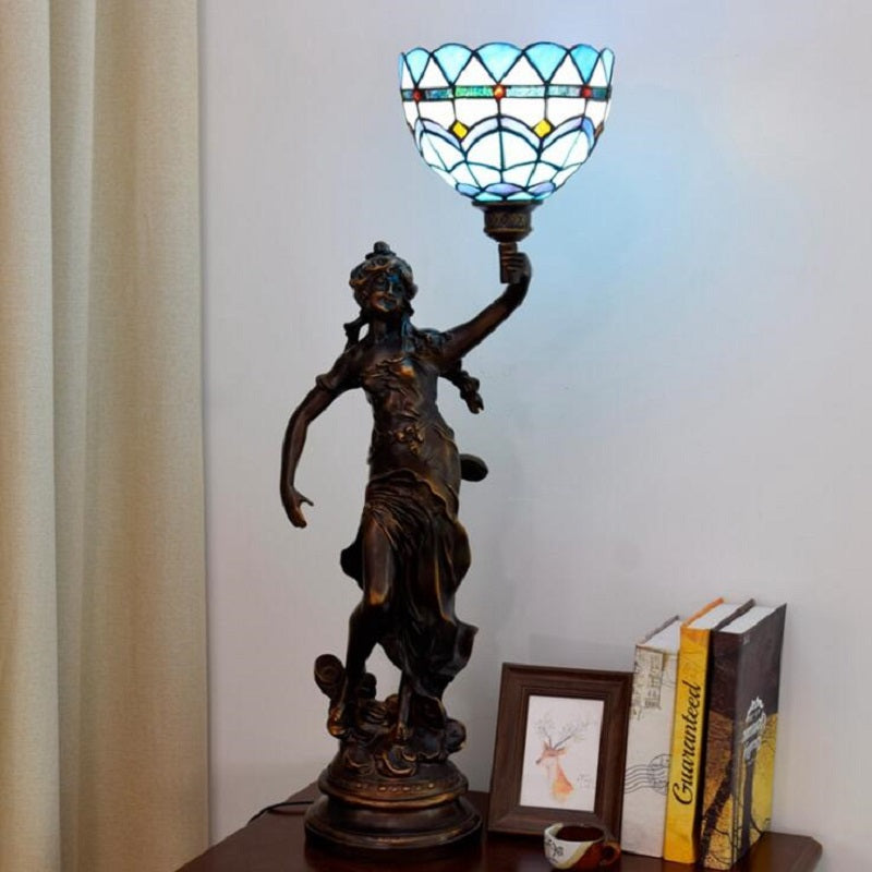 Antique Table Lamp Tiffany Art Statue Stained Glass