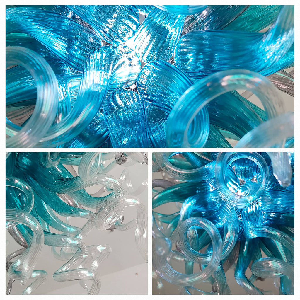 Planet Blast Blown Glass Chandelier Chihuly Style Light Blue N Clear