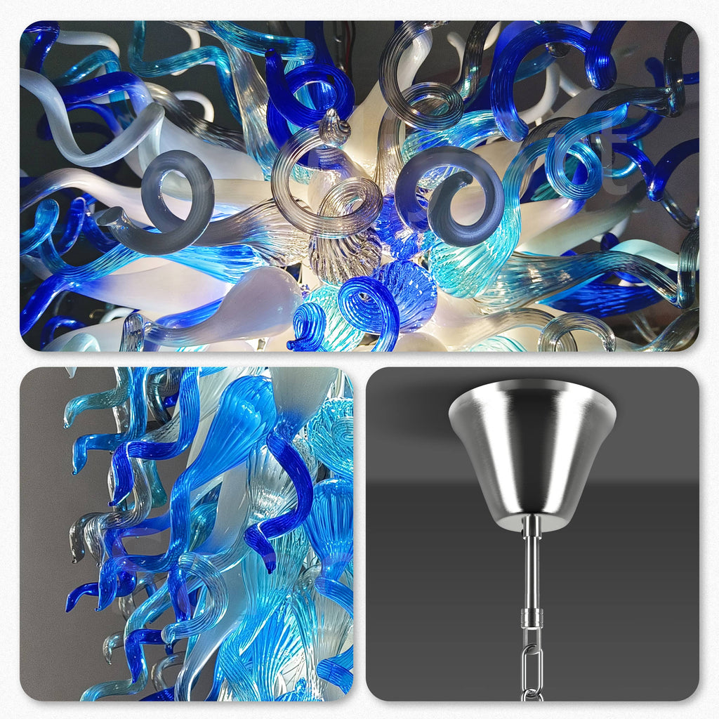 Giant Chihuly Style Glass Chandelier Blue And White Inverted Cone Shape