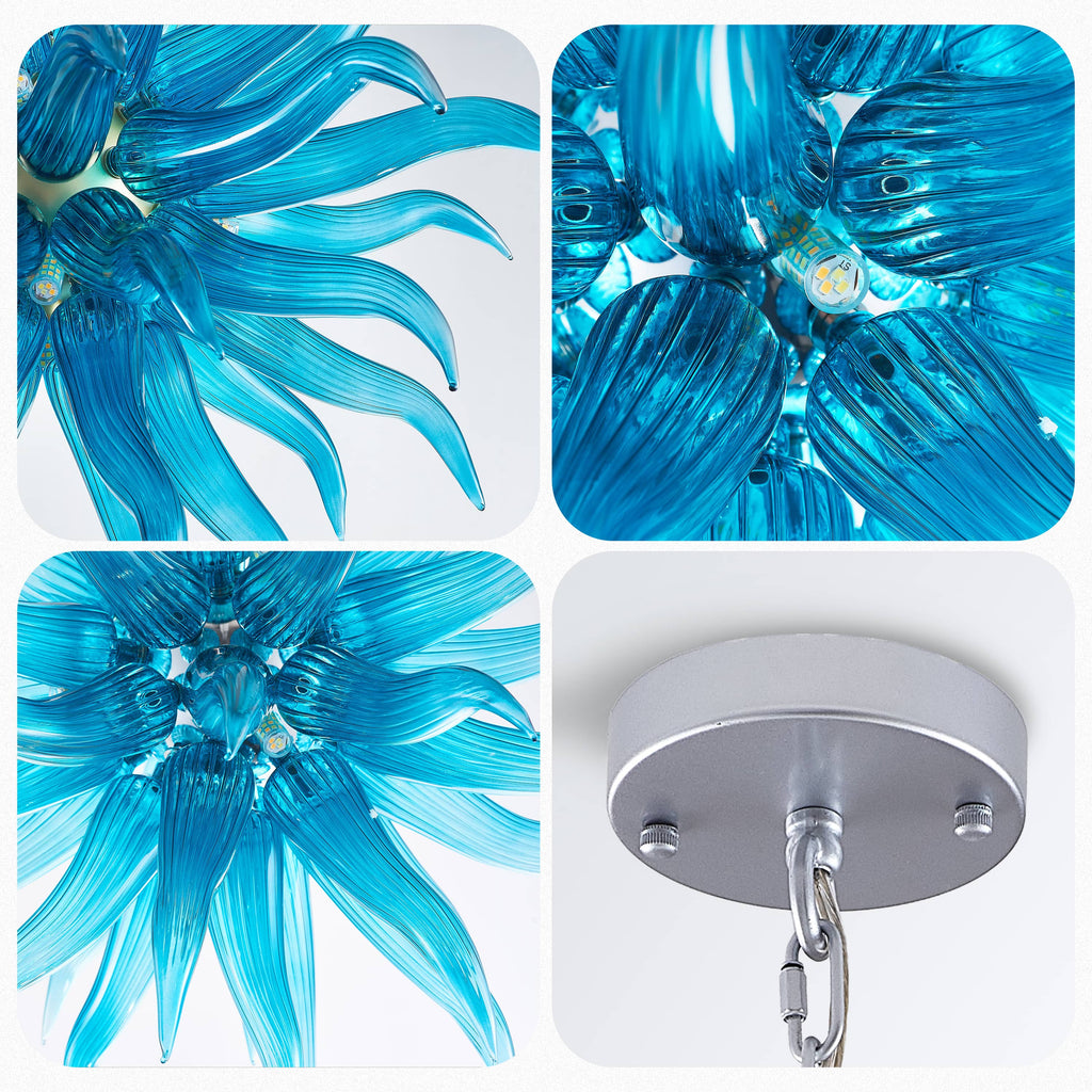 Small Ice-Blue Blown Glass Chandelier For Bedroom