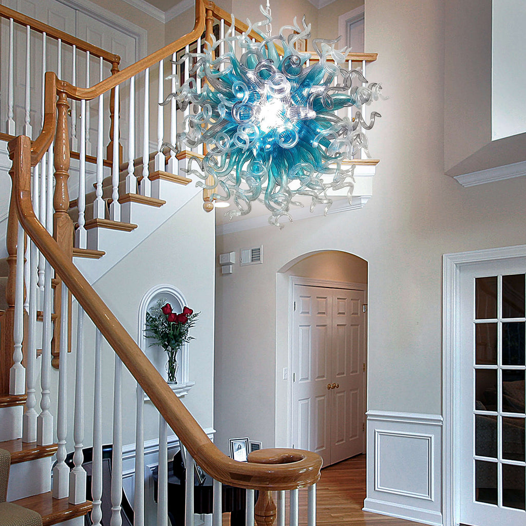Planet Blast Blown Glass Chandelier Chihuly Style Light Blue N Clear