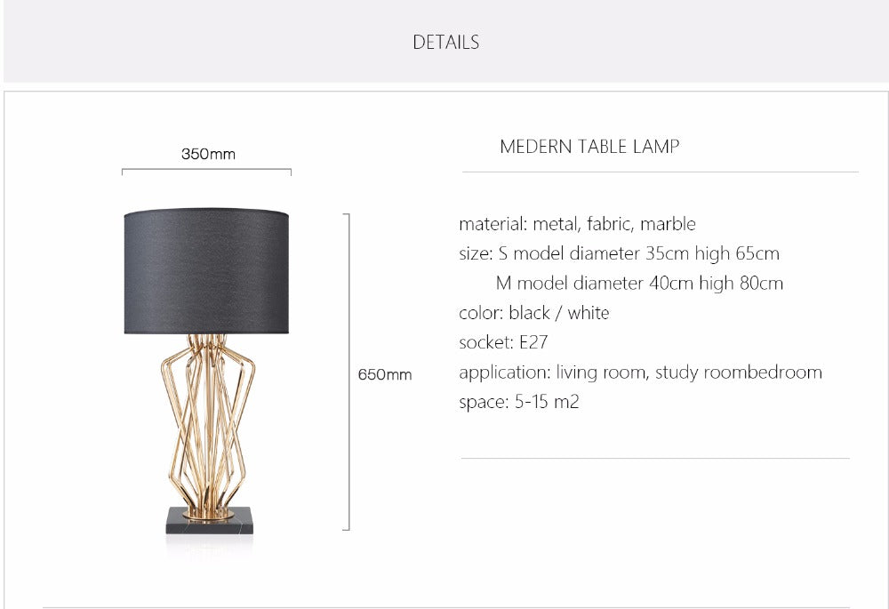 Table Lamps Black Marble Base Golden Frame Bedroom Bedside