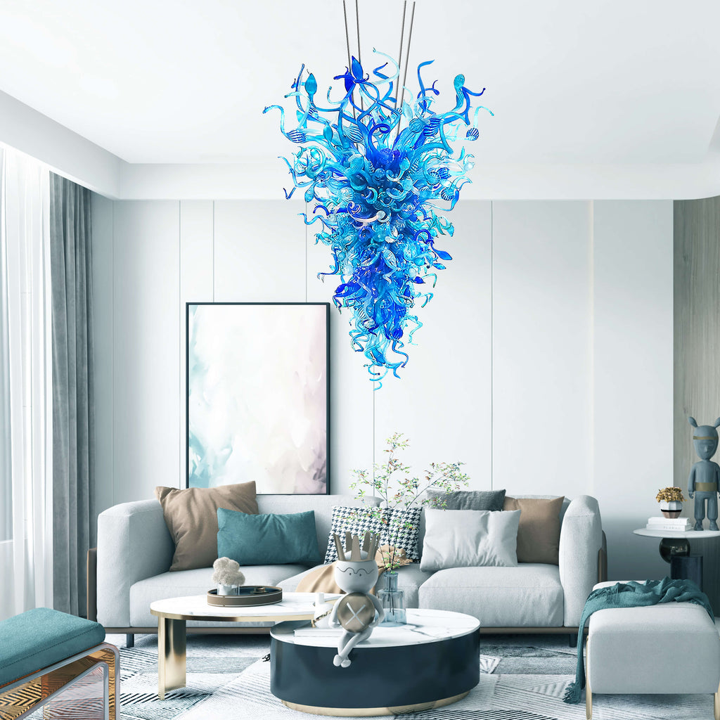 Blown Glass Chandelier Large Blue Chihuly Style Art Decor