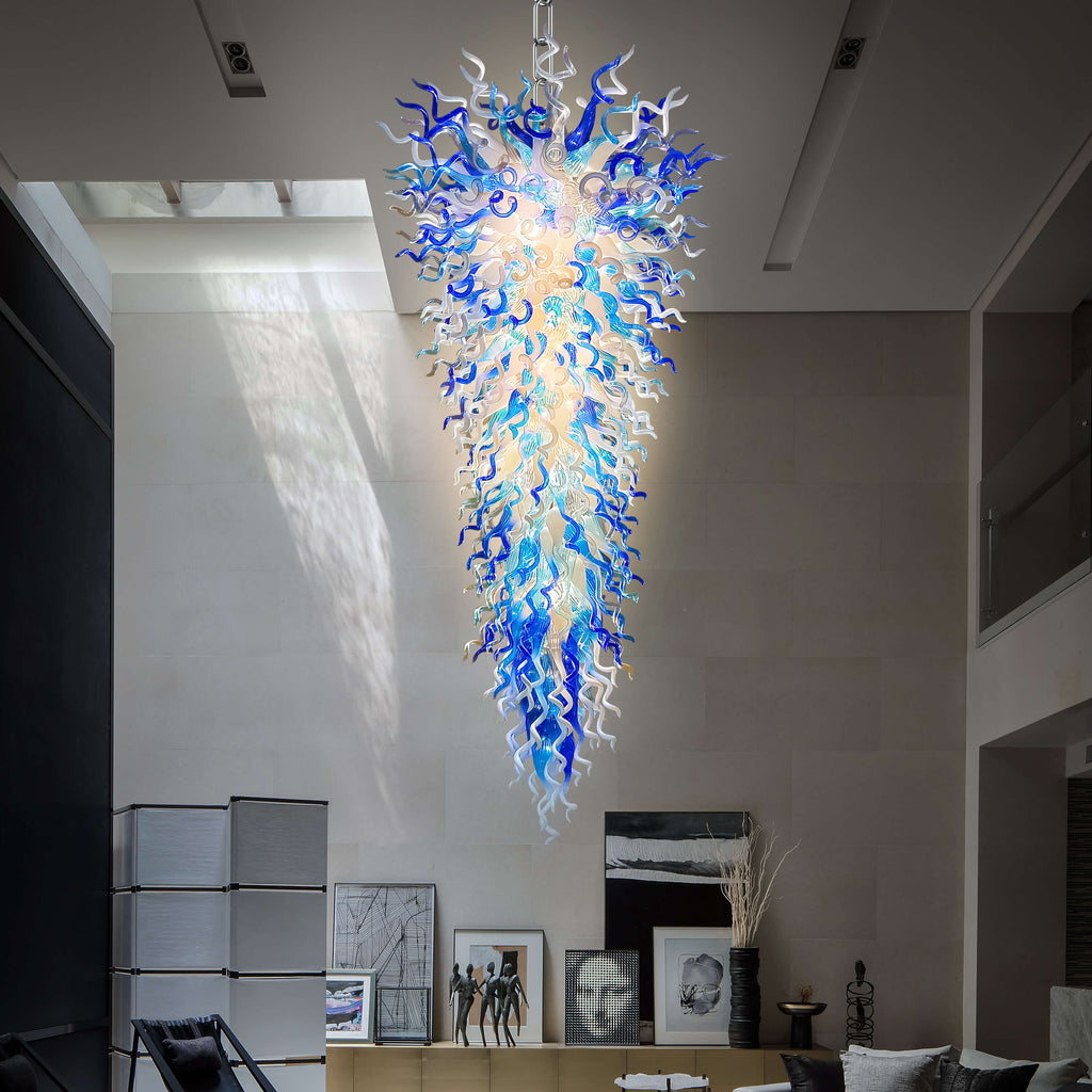 Giant Chihuly Style Glass Chandelier Blue And White Inverted Cone Shape
