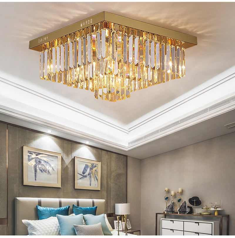 Modern Chandelier Square Steel Base Crystal Pendants Ceiling Lamps