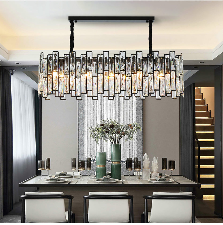 Modern Oval Black Metal Frame With Glass Chandelier For Sale