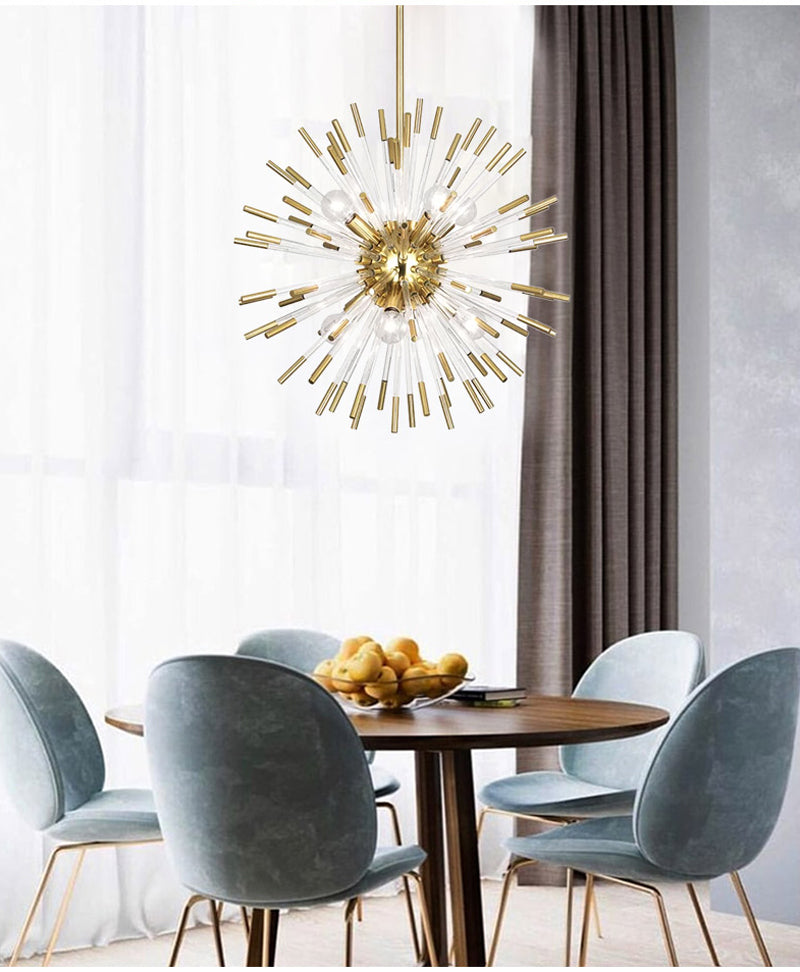 Star Burst Modern Chandelier Golden Metal Crystal Glass LED Bulbs