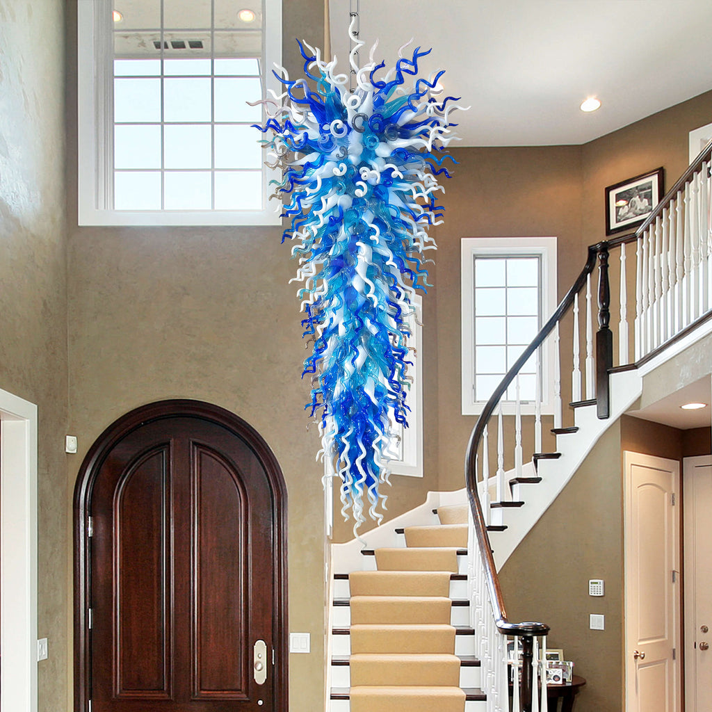 Giant Chihuly Style Glass Chandelier Blue And White Inverted Cone Shape