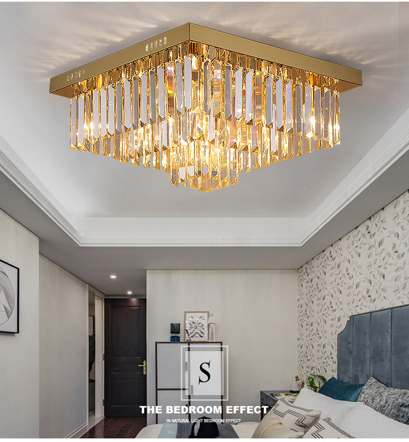 Modern Chandelier Square Steel Base Crystal Pendants Ceiling Lightings