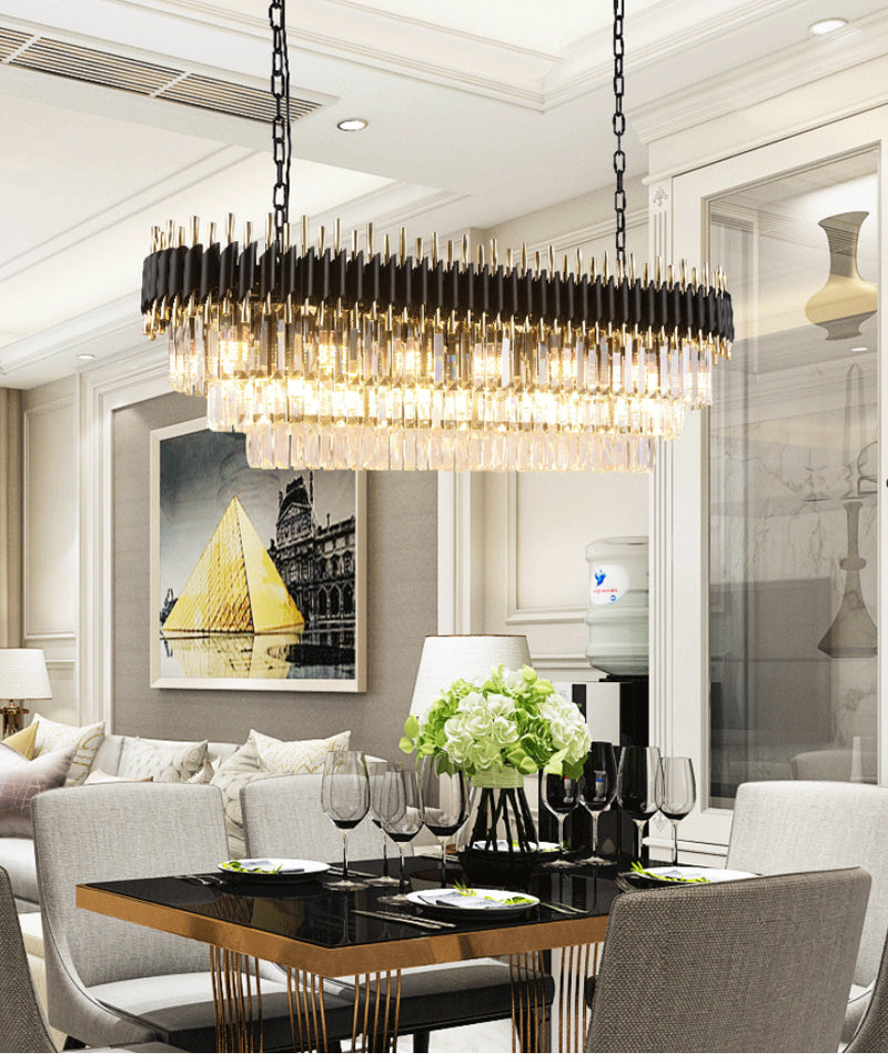 Luxury Modern Chandelier Oval Shape Black Matte Tied Crystal Pendants Hanging Light