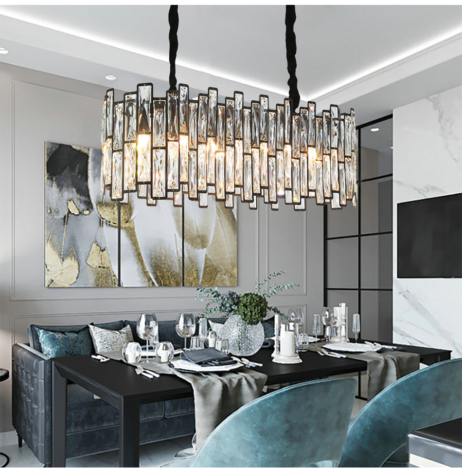 Modern Oval Black Metal Frame With Glass Chandelier For Dining Room