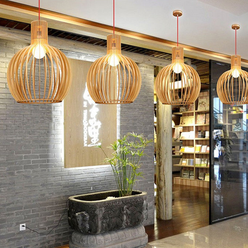 Modern Pendant Light Wooden Arch Slats Art Decor Hanging Lamps