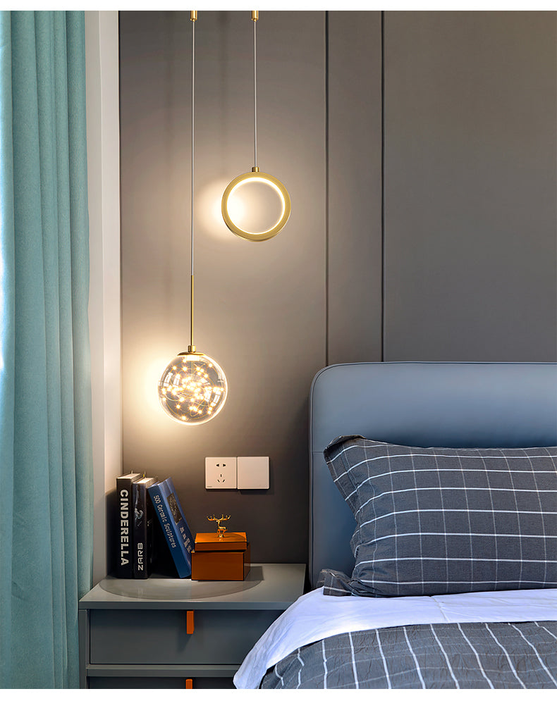 Contemporary Pendant Light Round Ring Starry Ball Art For Bedside