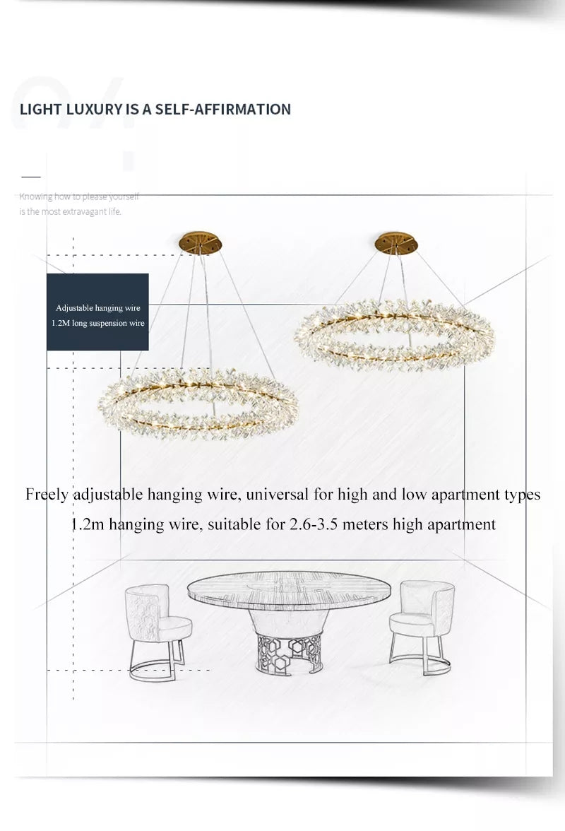 Modern Luxury Crystal Chandelier LED Ring Suspension Lamp For Living Room