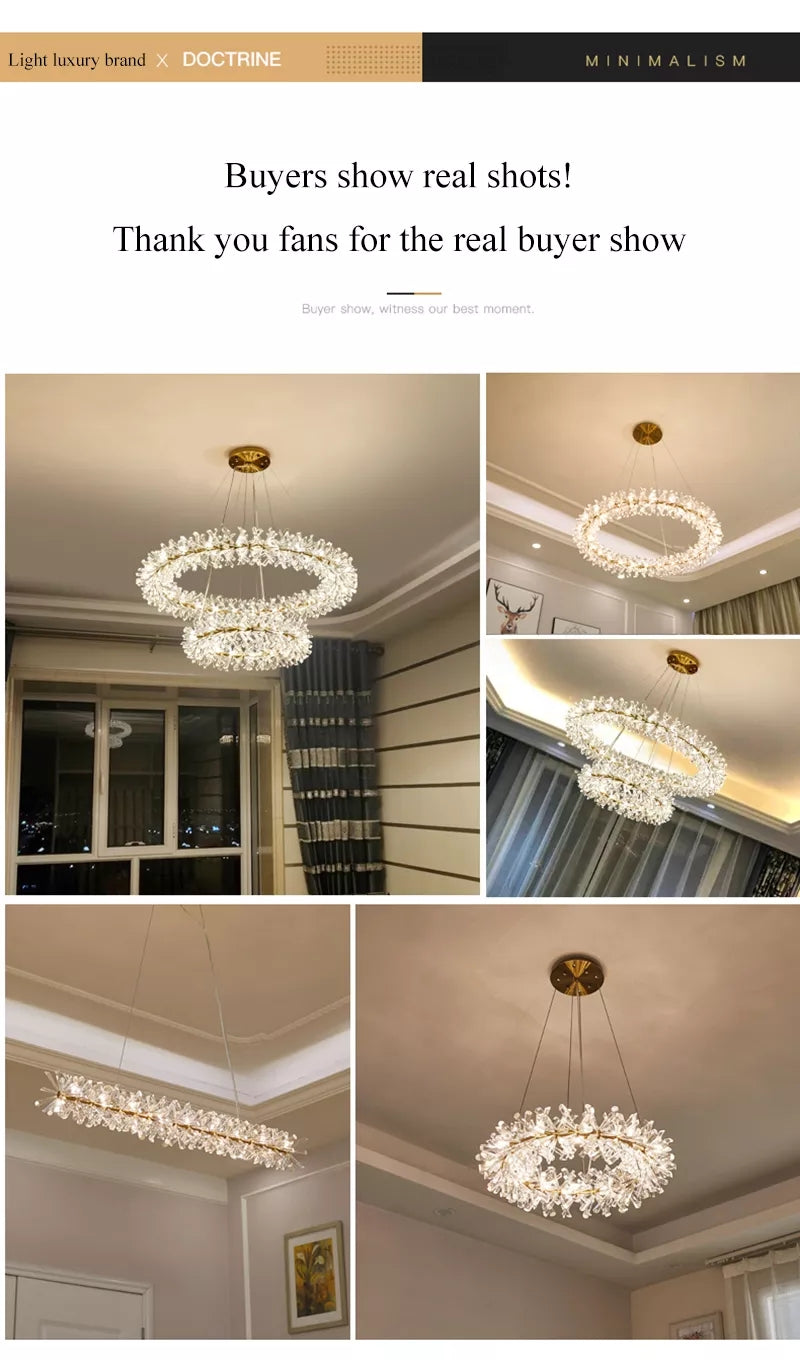 Modern Luxury Crystal Chandelier LED Ring Layers Suspension Lamp For Living Room