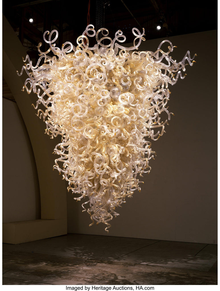 Chihuly style blown glass chandelier in clear and light gold