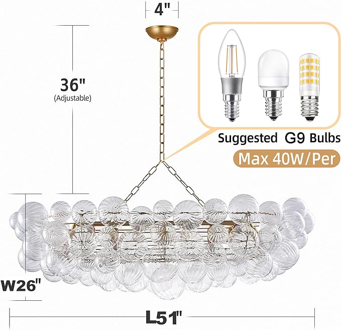 Rectangular Mid Century Bubbled Clear Ball Swirled Texture Glass Chandelier