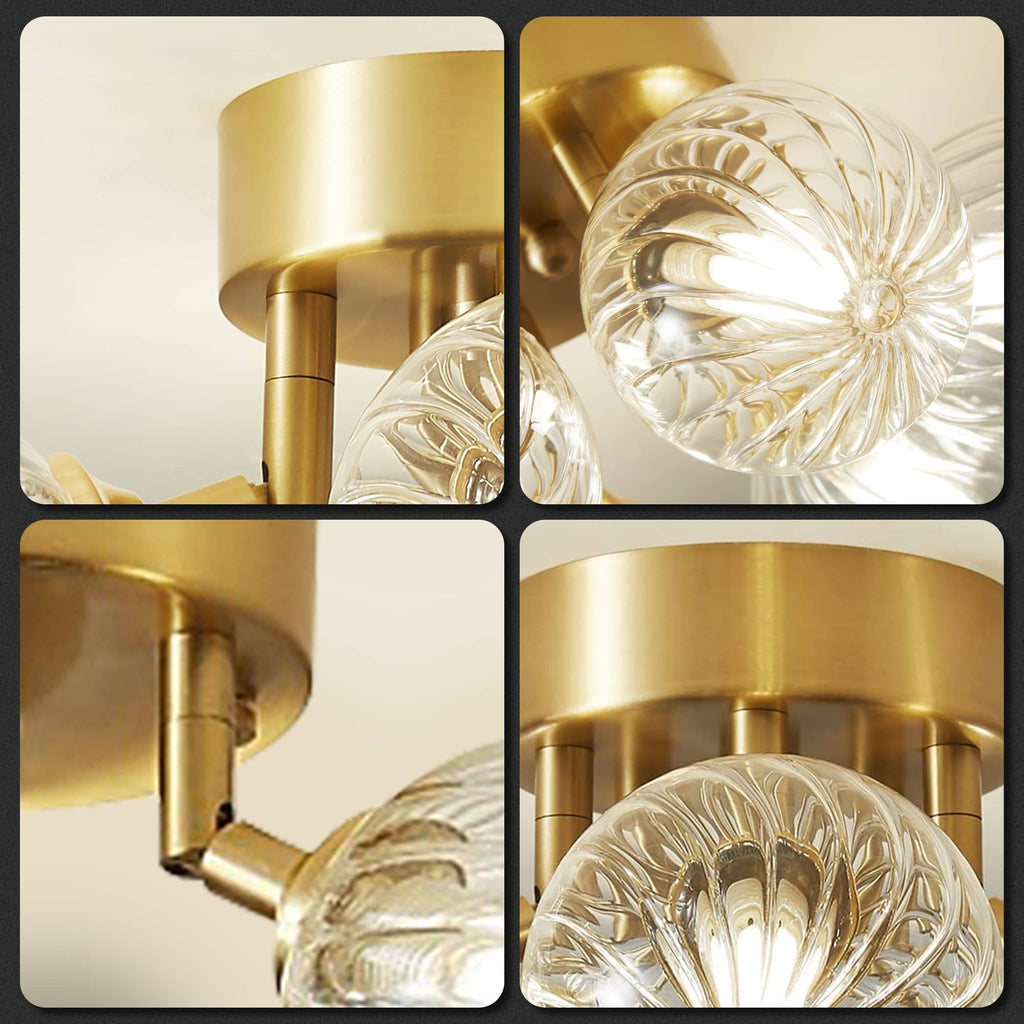 Nordic Clear Ribbed Glass Globe Ceiling Light Brass Semi Flush Mount