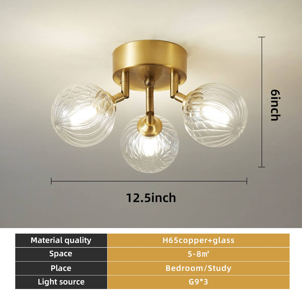 Nordic Clear Ribbed Glass Globe Ceiling Light Brass Semi Flush Mount