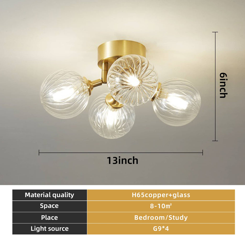 Nordic Clear Ribbed Glass Globe Ceiling Light Brass Semi Flush Mount