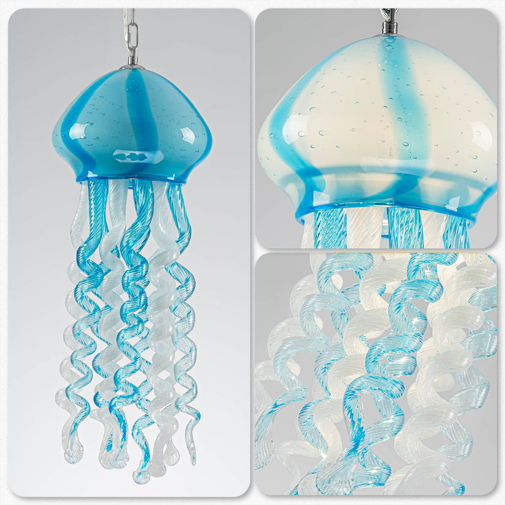 Murano Glass Jellyfish Pendant Lamp Wind Chime Blue & White