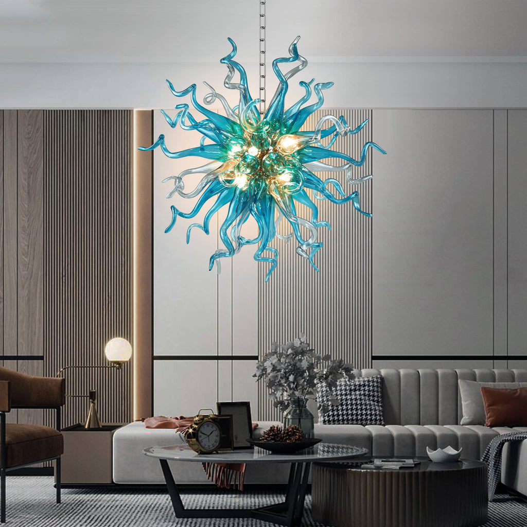  Click to enlarge Chihuly Style Blown Glass Chandeliers Blue And Grey Sputnik Shape