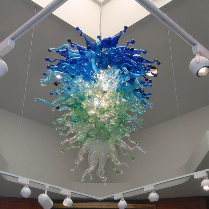 Blown Glass Chandelier Chihuly Style Green Blue Clear Colors