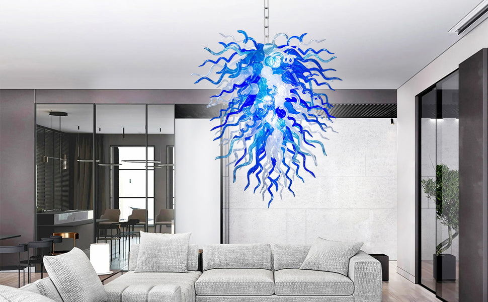 Chihuly style blown glass chandelier blue and white-Longree