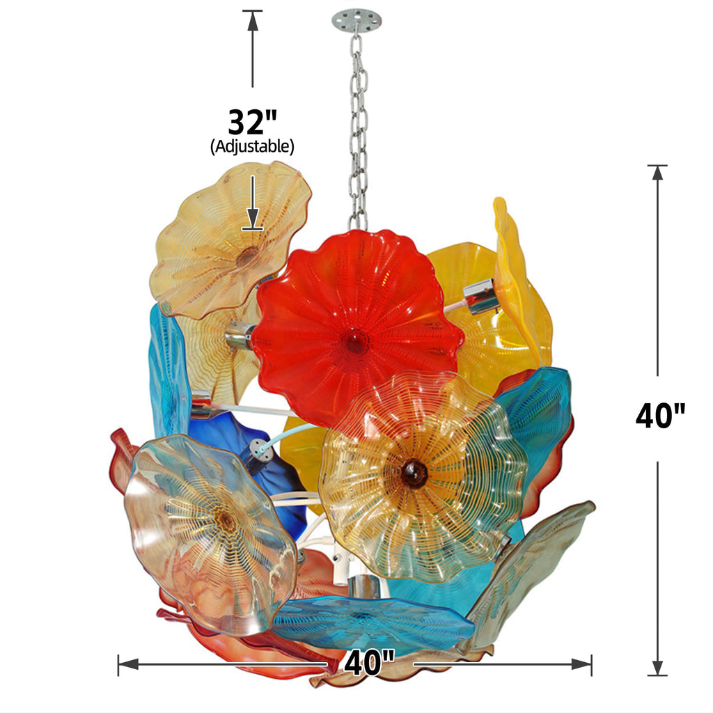 Blown Glass Chandelier Colorful Blooms Glass Plates D40”