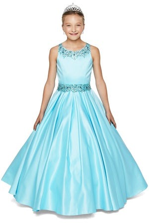 Big Girls Aqua Pleated Satin Junior Bridesmaid Dresses