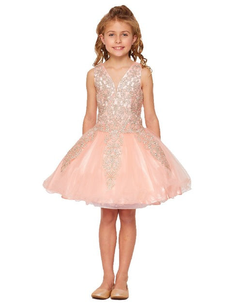 Blush Beaded Lace Corset Short Tulle Flower Girl Dress