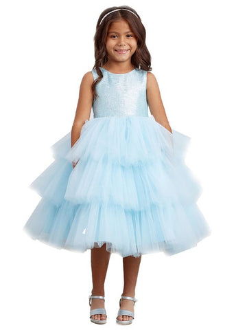 Cinderella Couture 5790 Sky Blue Metallic Glitter Layered Tulle Junior Bridesmaid Dress