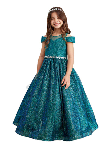 Tip Top Kids 7029 Emerald Green Illusion Neckline Off Shoulder Dress