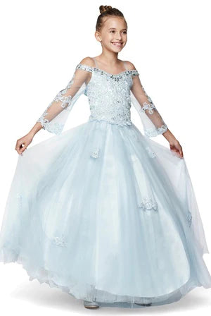 Cinderella Couture 8002 Blue Off Shoulder Long Sleeve Rhinestone Dress