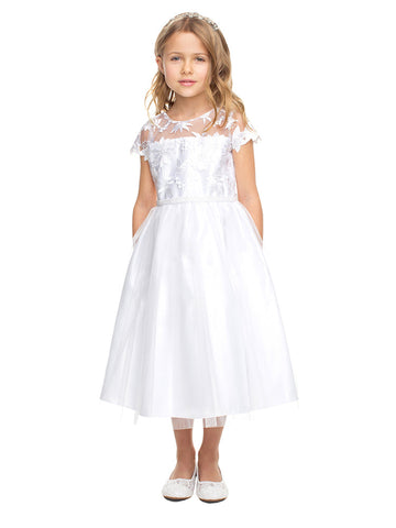 Girls White Floral Lace Crystal Tulle Tea Length Flower Girl Communion Dress 6-16 - SophiasStyle.com