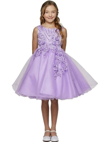Lavender Pearl Beaded Glitter Tulle Flower Girl Dress