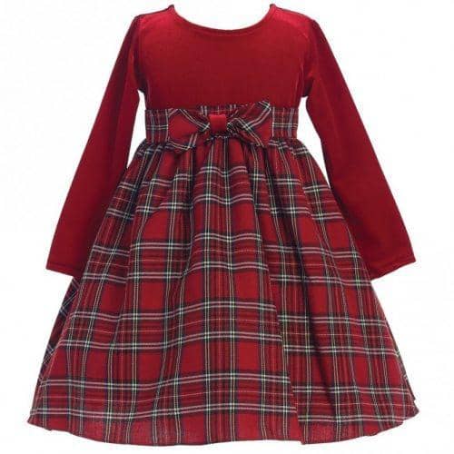 plaid christmas dress for baby girls with a ribbon